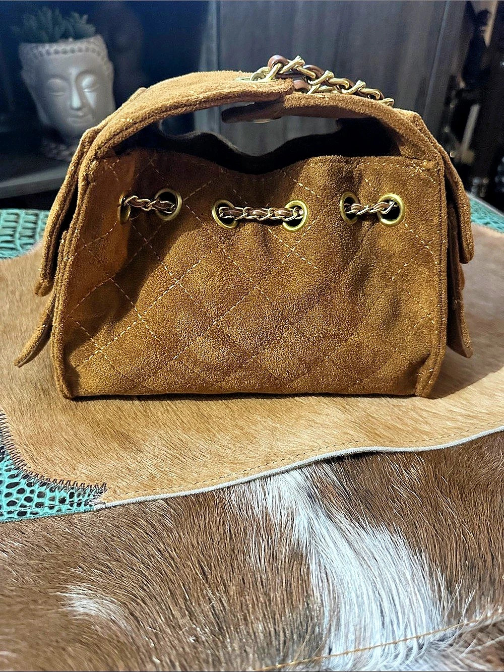 Large Bucket Bag Suede & Gold-Tone Metal Brown